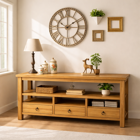 Solid Wood Console Table with Drawers, Rustic Oak Media Console Table with Open Shelves Kitchnce