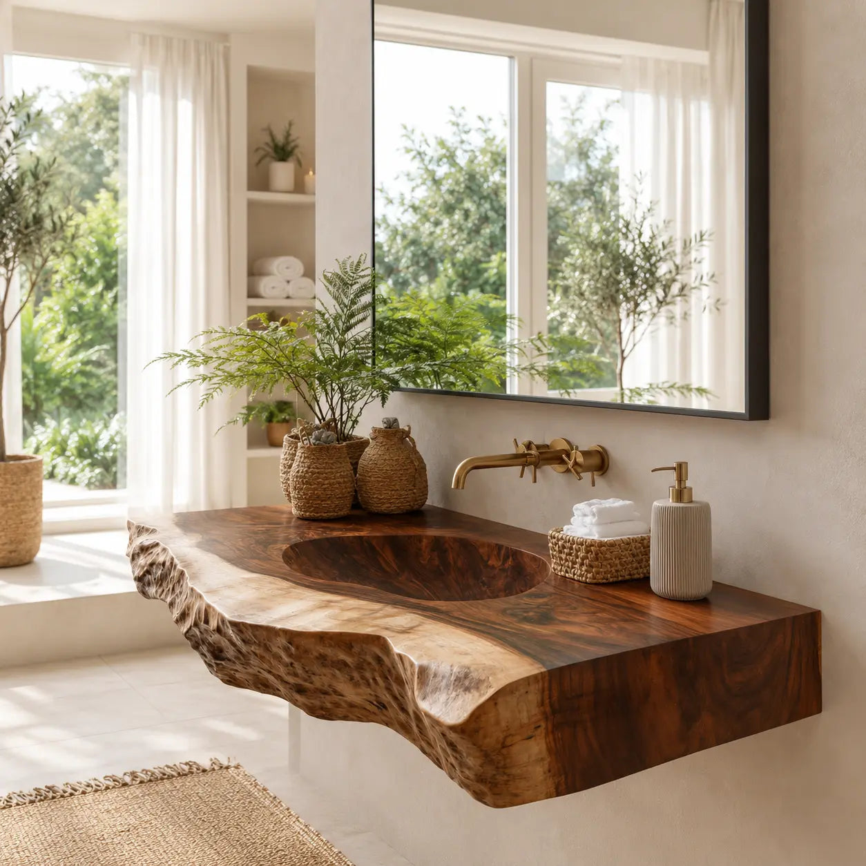 Live Edge Carved Sink Vanity | Thick Slab Solid Wood Floating Bathroom Kitchnce