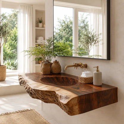 Live Edge Carved Sink Vanity | Thick Slab Solid Wood Floating Bathroom Kitchnce