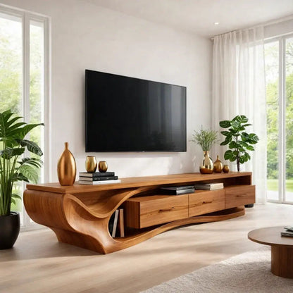 Solid Wood TV Cabinet with Curved Base – Modern Oak Media Console Kitchnce