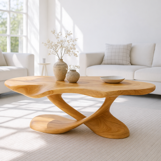 Modern Solid Wood Coffee Table with Sculptural Curved Base for Living Room Kitchnce