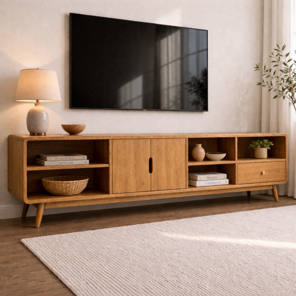 Solid Wood TV Console with Cabinets and Open Shelf Storage