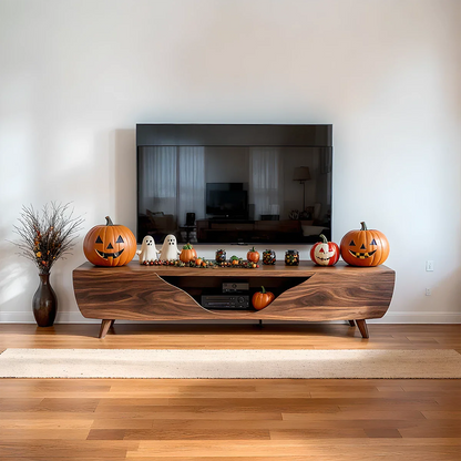 Solid Wood TV Stand Modern Walnut Media Console with Curved Front and Storage