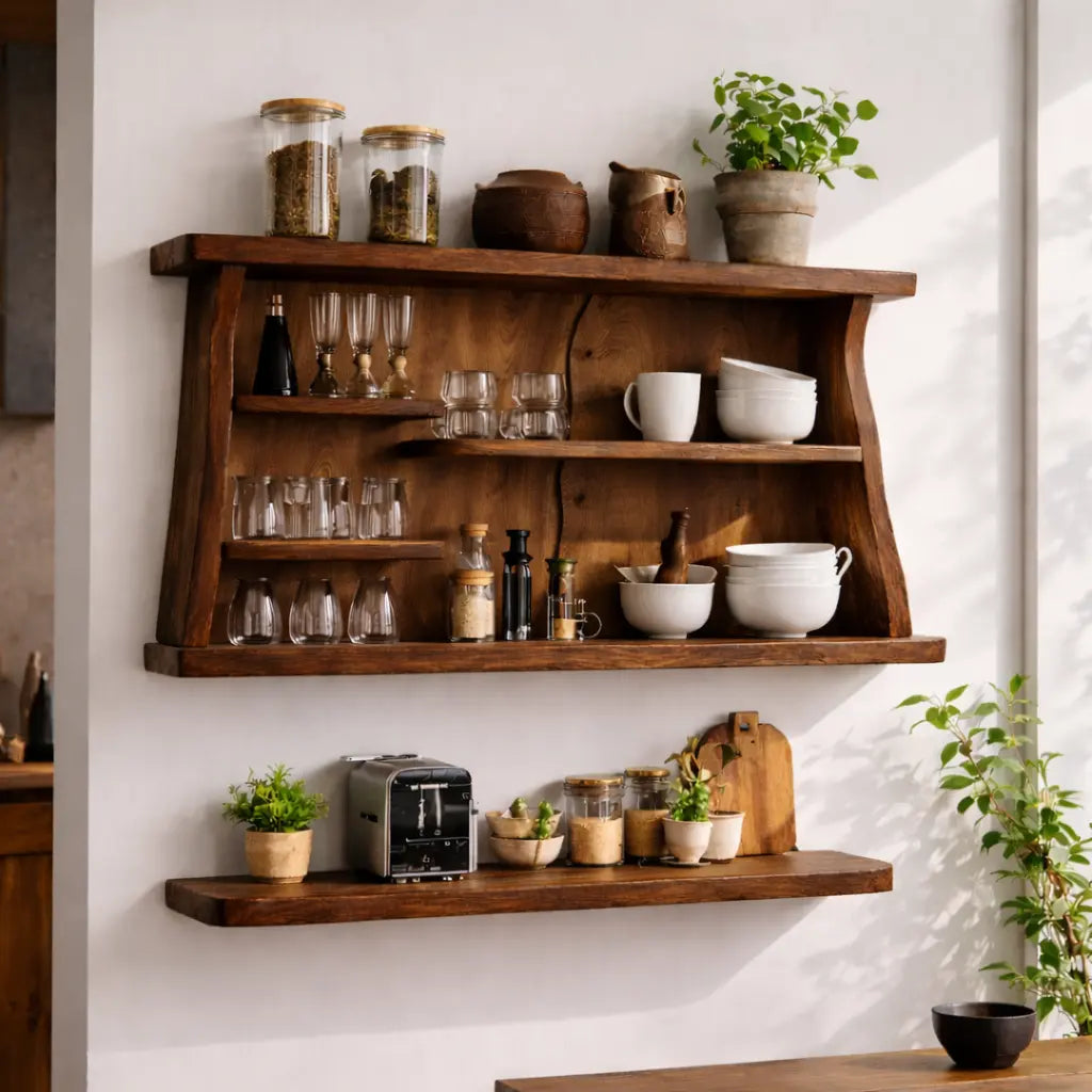 Solid Wood Kitchen Cabinet Shelf – Rustic Wall Mounted Open Storage Rack Kitchnce