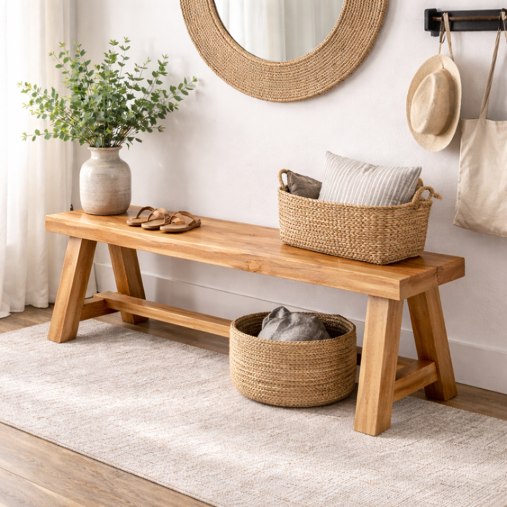 Rustic Solid Wood Entryway Bench with Storage | Modern Hallway Seating Kitchnce