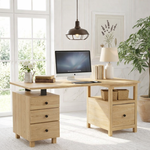 Modern Desk with Storage Drawers and Open Shelf Home Office Desk