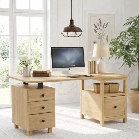 Modern Desk with Storage Drawers and Open Shelf Home Office Desk