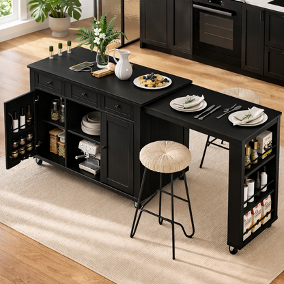 Rolling Kitchen Island with Extendable Dining Table Storage Cabinet and Spice Rack Organizer