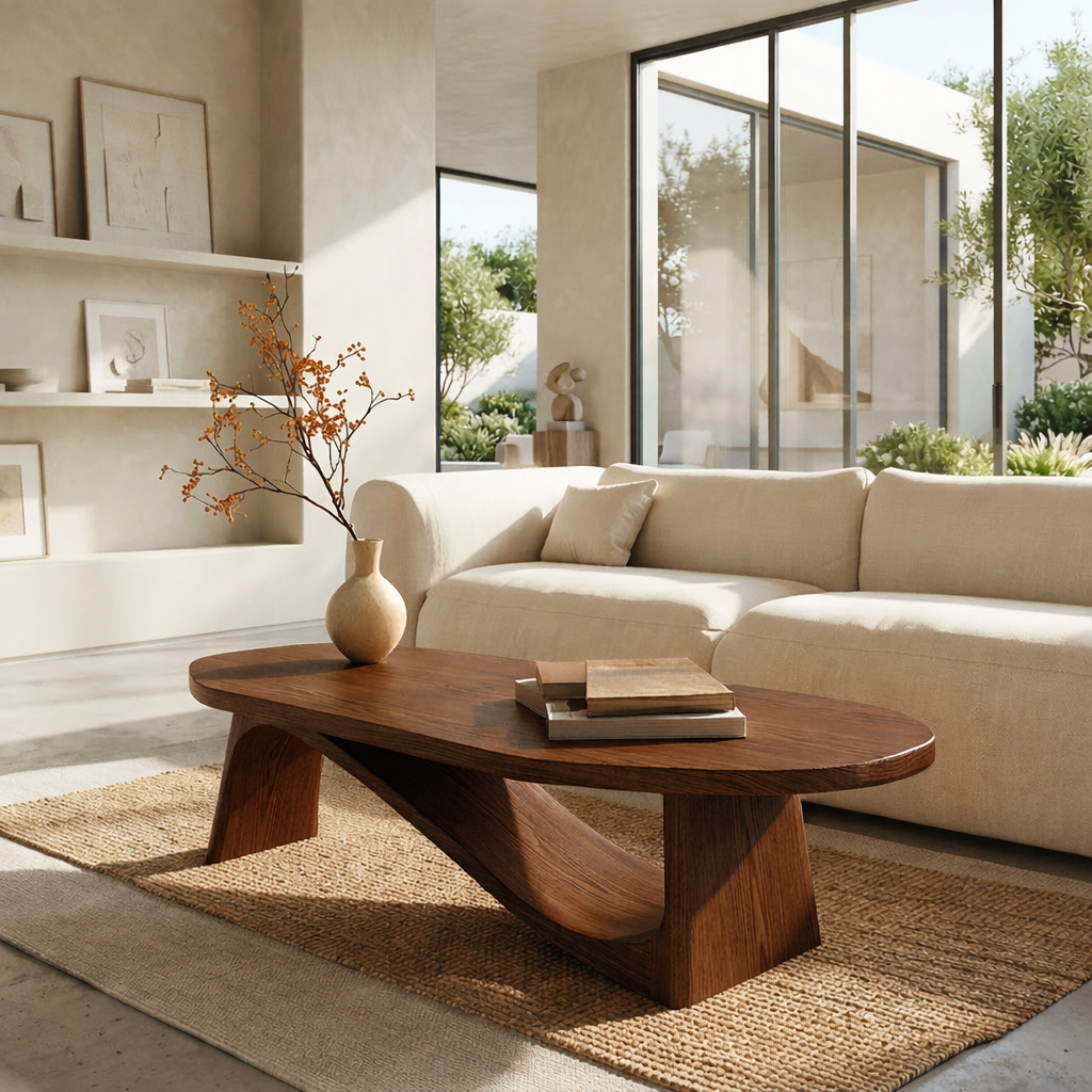 Modern Oval Coffee Table with Sculptural Base, Minimalist Living Room Centerpiece