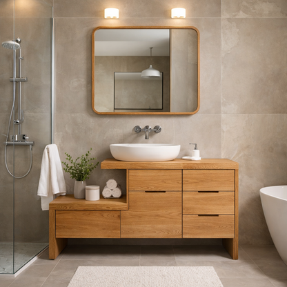 Modern Solid Wood Bathroom Vanity Cabinet with Drawers & Open Shelf Storage