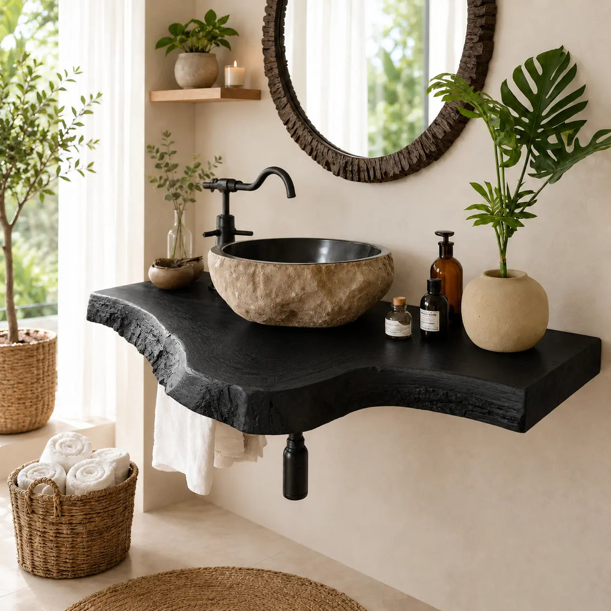 Live Edge Epoxy Vanity Shelf | Asymmetric Solid Wood Floating Bathroom Counter Kitchnce