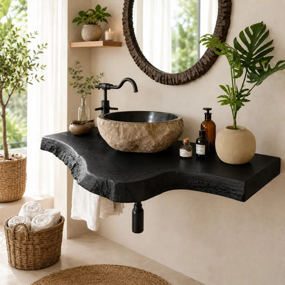 Live Edge Epoxy Vanity Shelf | Asymmetric Solid Wood Floating Bathroom Counter Kitchnce