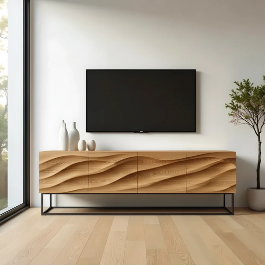 Solid Wood TV Stand Modern Oak Media Console with Wave Carved Storage Cabinet