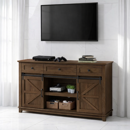 Solid Wood TV Stand with Sliding Barn Doors Drawers and Open Shelf
