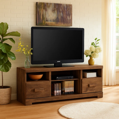 Rustic Solid Wood TV Stand – Handcrafted Media Console with Drawers and Open Shelves for Warm Modern Living Rooms Kitchnce
