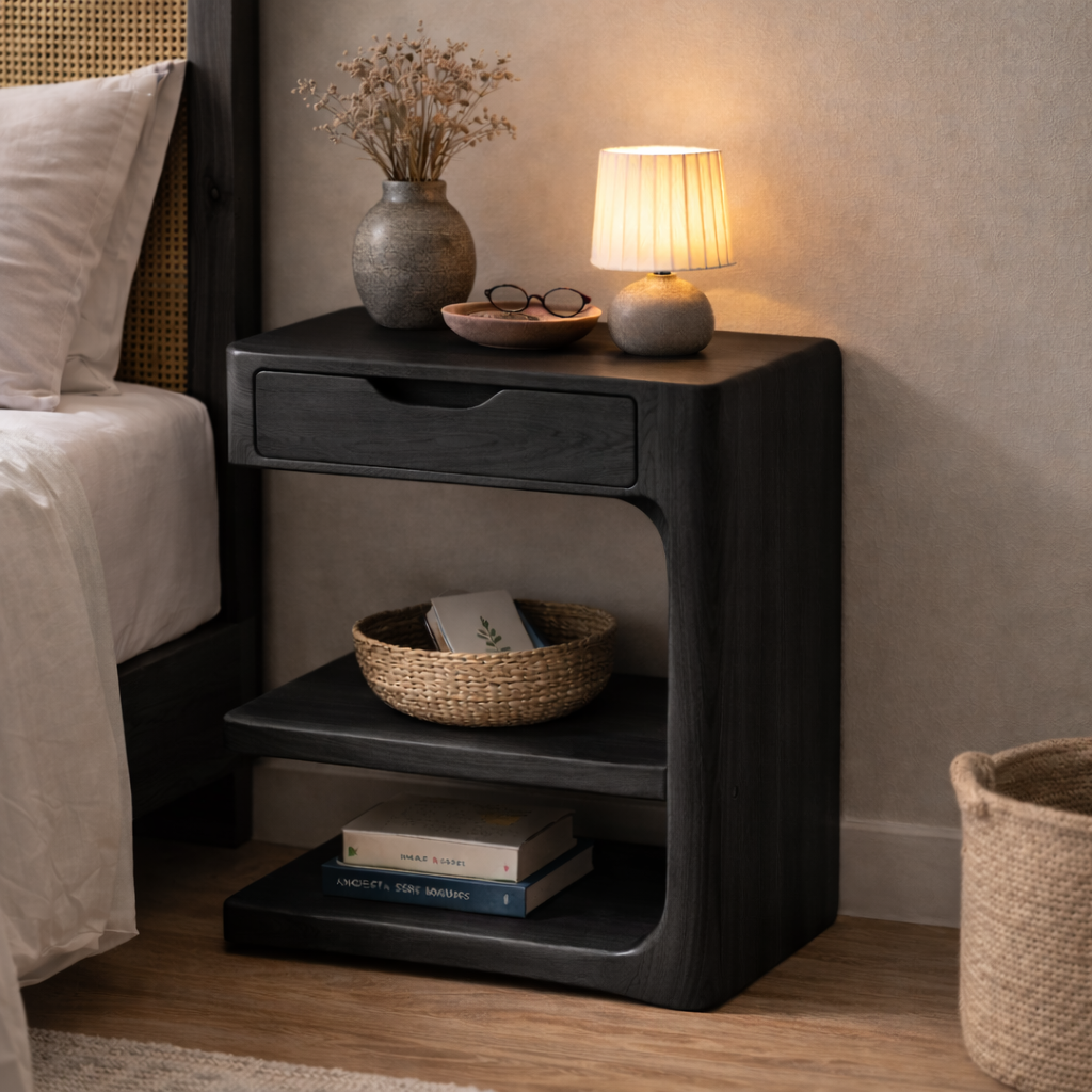 Solid Wood Nightstand with Drawer and Open Shelf – Modern Curved Bedside Table Kitchnce