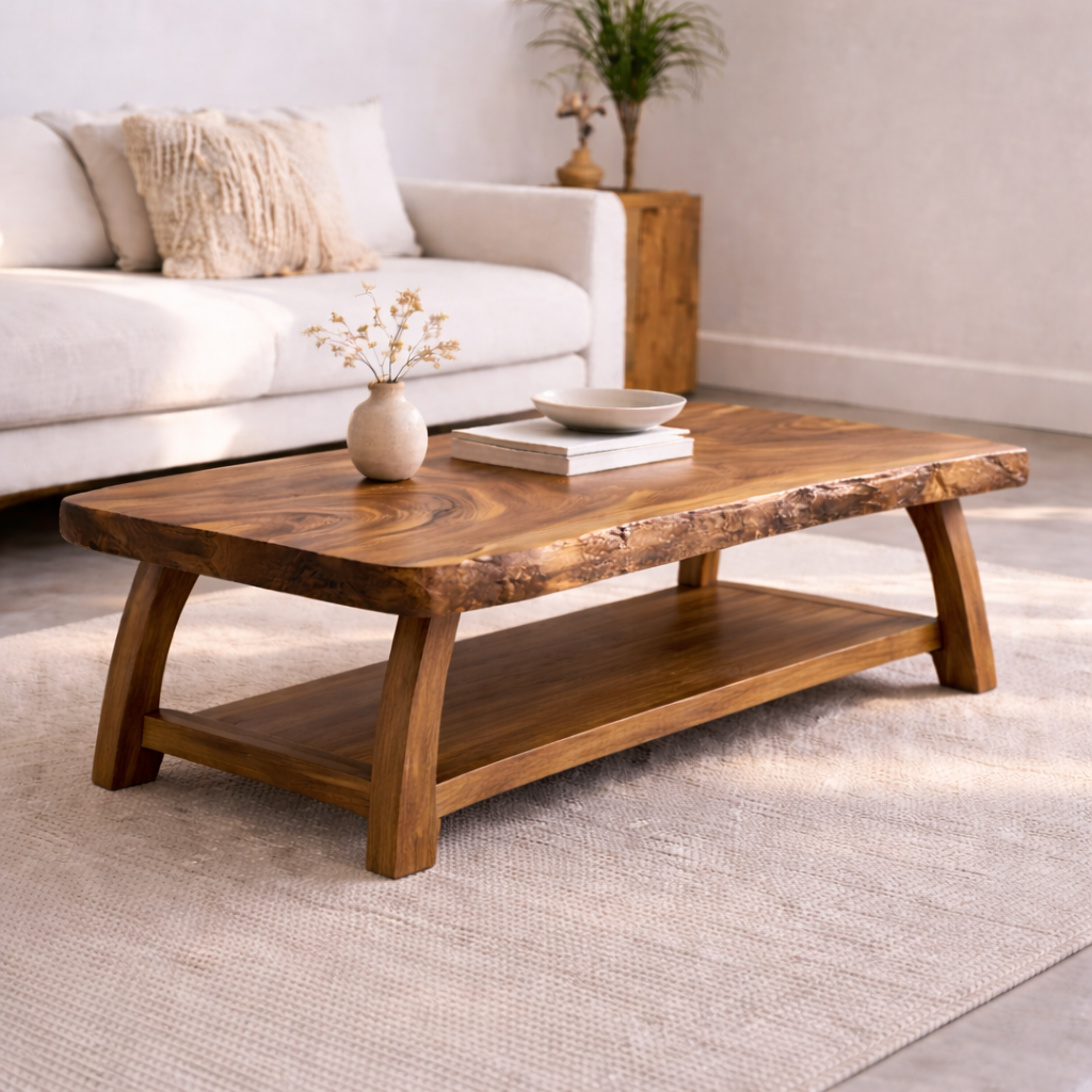 Live Edge Solid Wood Coffee Table with Storage Shelf – Rustic Modern Living Room Table