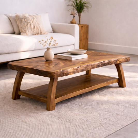 Live Edge Solid Wood Coffee Table with Storage Shelf – Rustic Modern Living Room Table Kitchnce