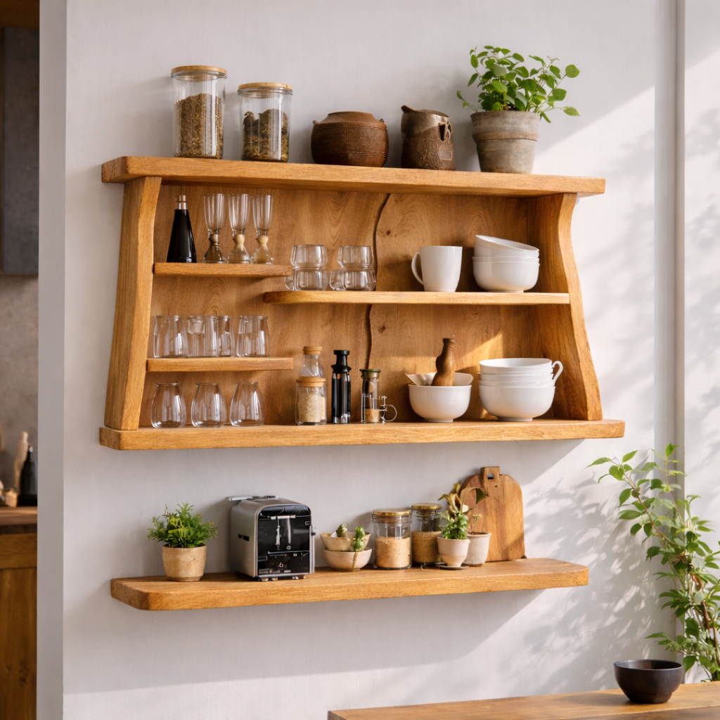 Solid Wood Kitchen Cabinet Shelf – Rustic Wall Mounted Open Storage Rack