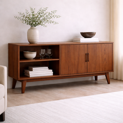 Solid Wood Console Cabinet with Open Shelves and Storage Doors