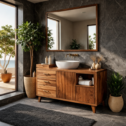 Solid Wood Bathroom Vanity with Drawers & Open Shelf – Modern Walnut Vanity Cabinet
