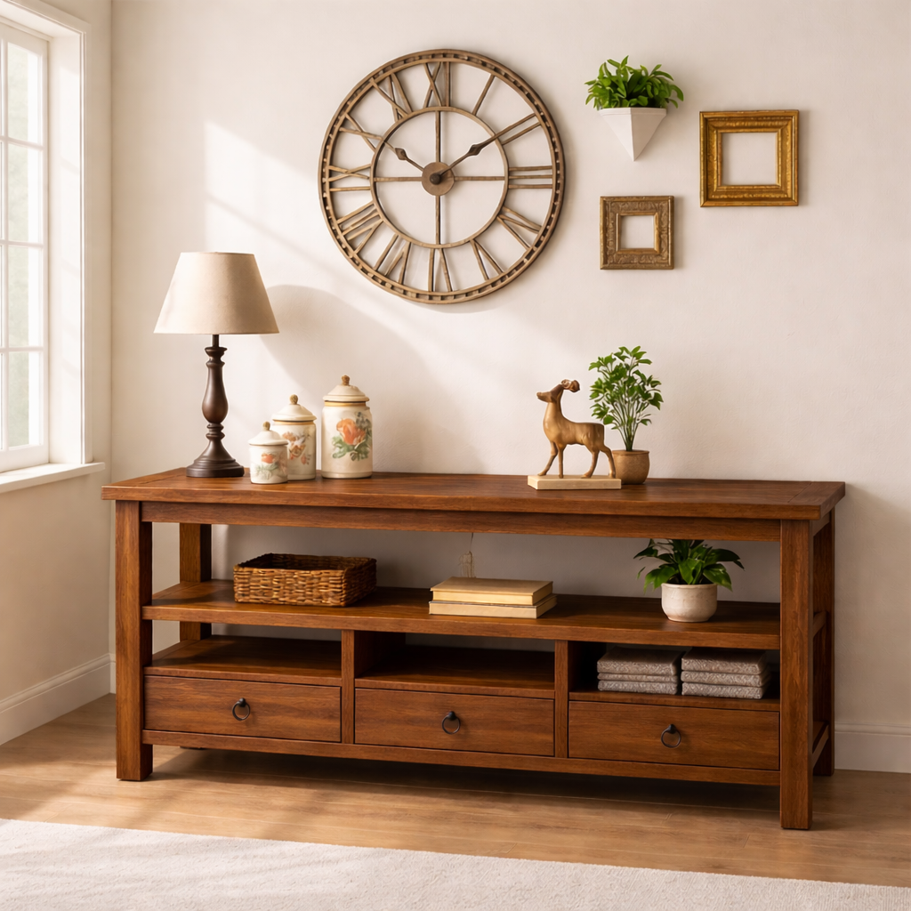 Solid Wood Console Table with Drawers, Rustic Oak Media Console Table with Open Shelves Kitchnce