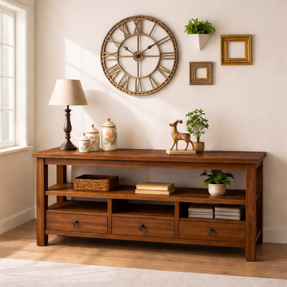Solid Wood Console Table with Drawers, Rustic Oak Media Console Table with Open Shelves Kitchnce