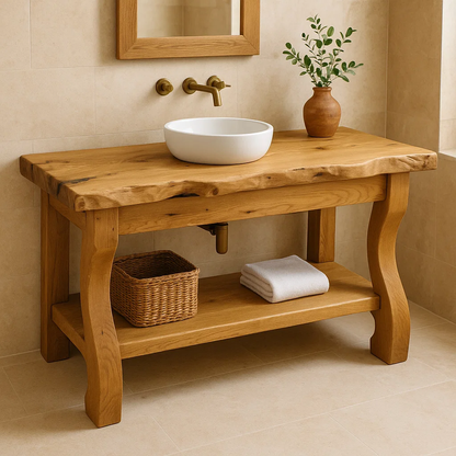 Solid Oak Floating Bathroom Vanity with Round Sink and Brass Fixtures Kitchnce