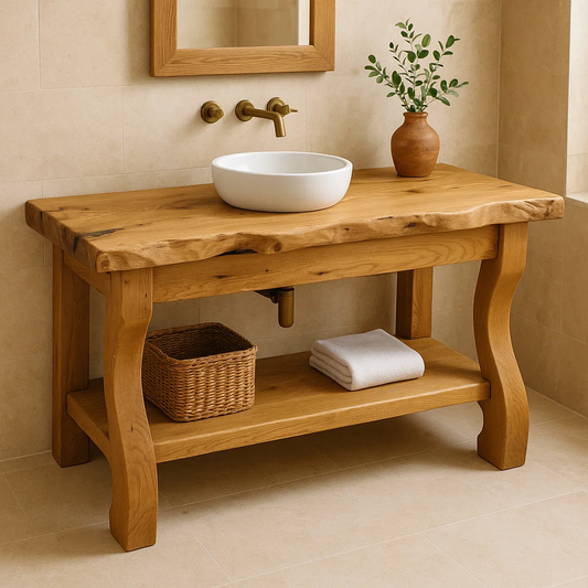 Solid Oak Floating Bathroom Vanity with Round Sink and Brass Fixtures Kitchnce