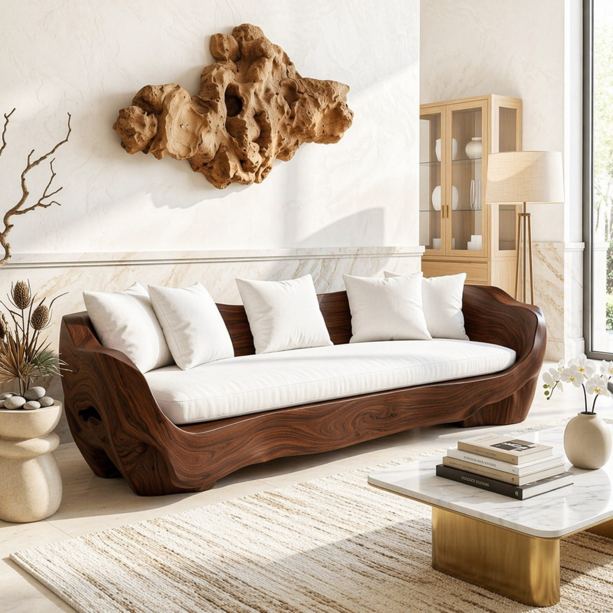 Organic Curved Wooden Sofa, Sculptural Statement Couch with Plush White Cushions