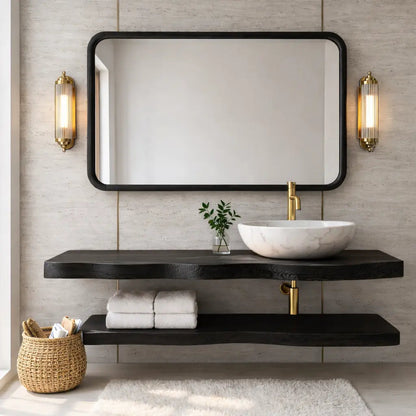 Natural Wood Floating Vanity with Curved Design, Shelf Storage, and Ceramic Sink Kitchnce