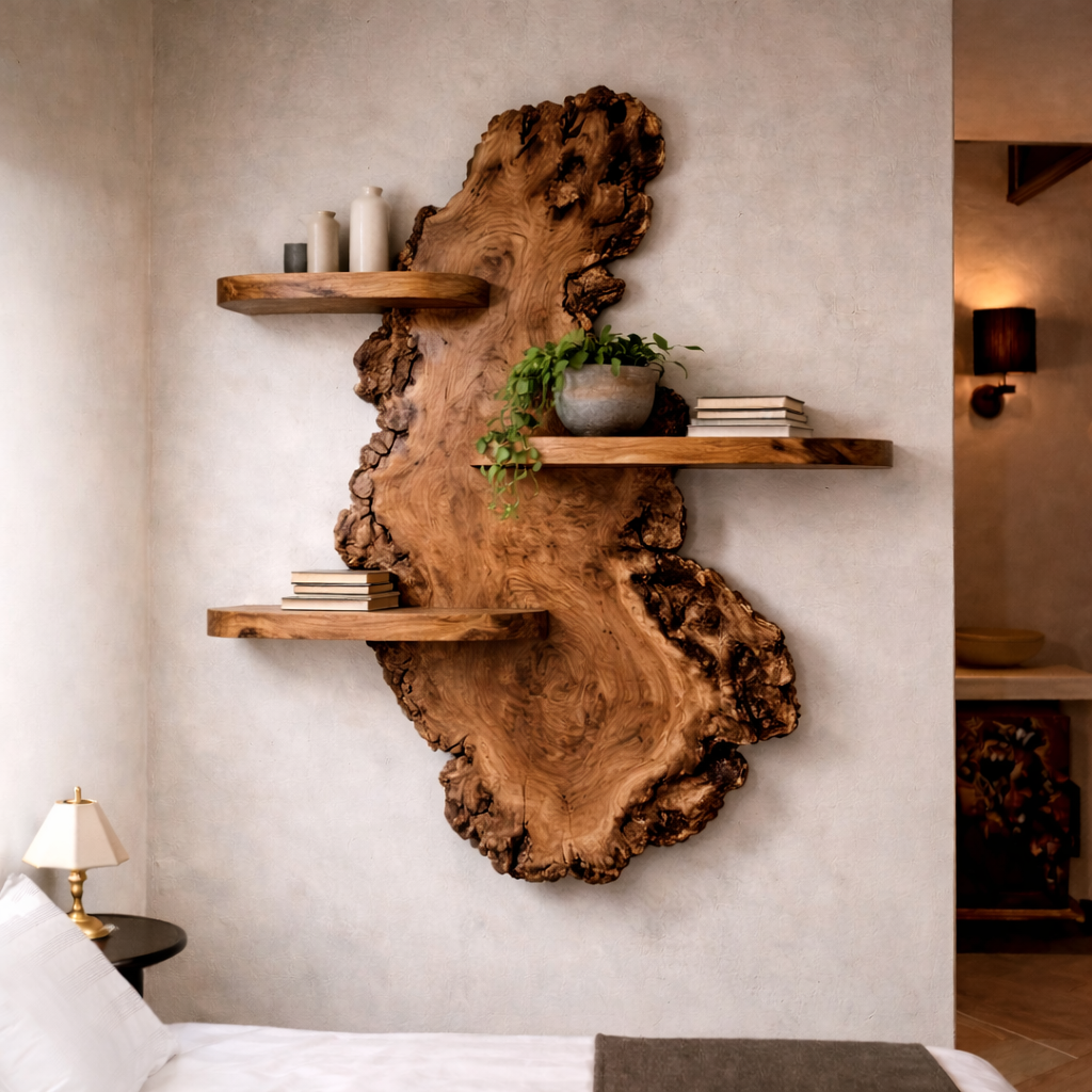 Handcrafted Solid Wood Live Edge Wall Shelf - Artistic Floating Tree Design for Home & Kitchen