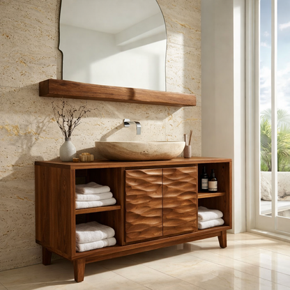 Contemporary Solid Wood Bathroom Vanity with Textured Cabinet Doors and Shelving
