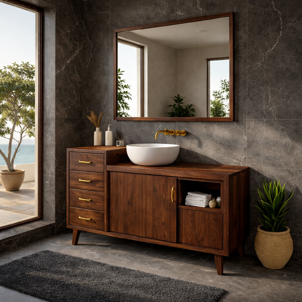 Solid Wood Bathroom Vanity with Drawers & Cabinet Storage – Mid Century Walnut Vanity
