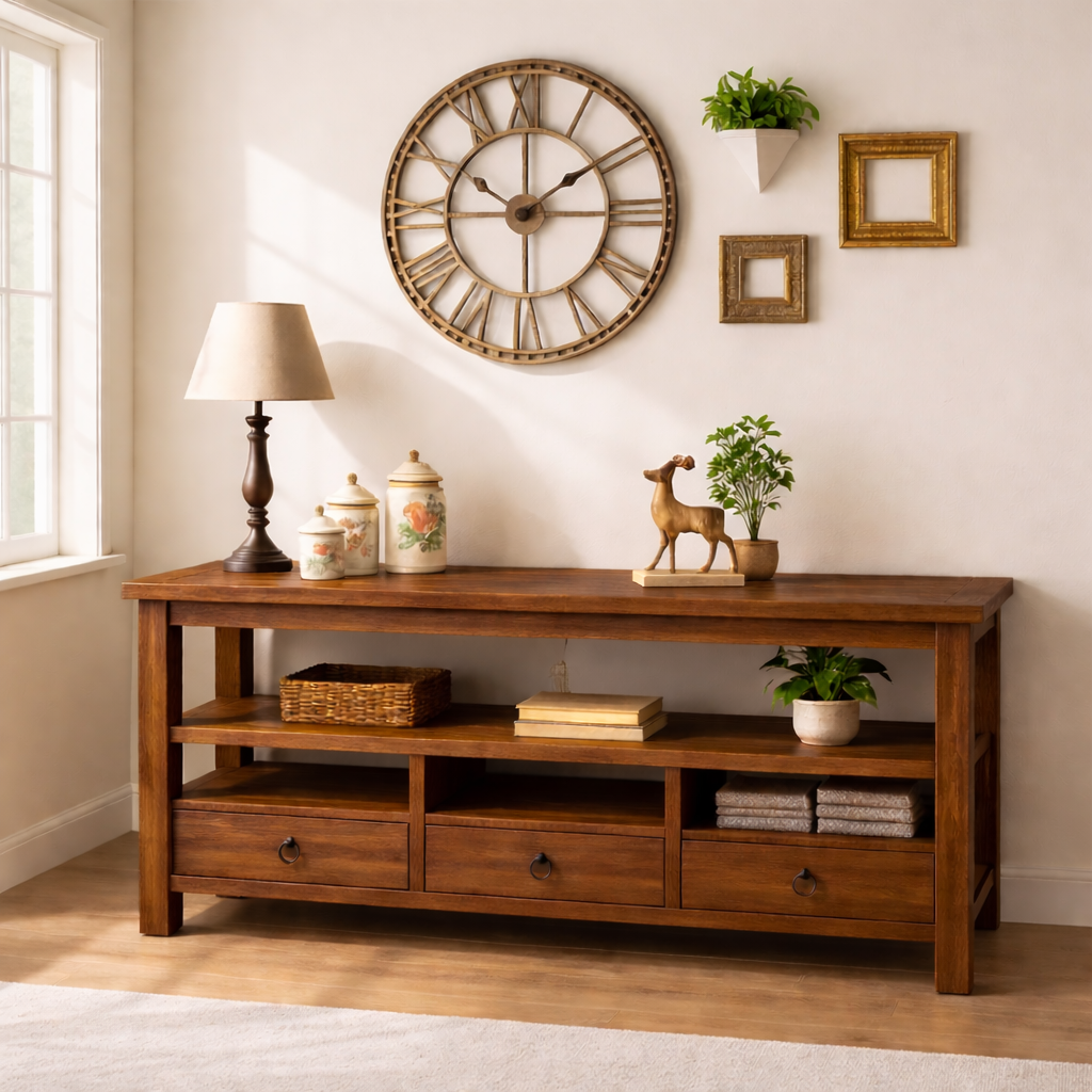 Solid Wood Console Table with Drawers, Rustic Oak Media Console Table with Open Shelves Kitchnce