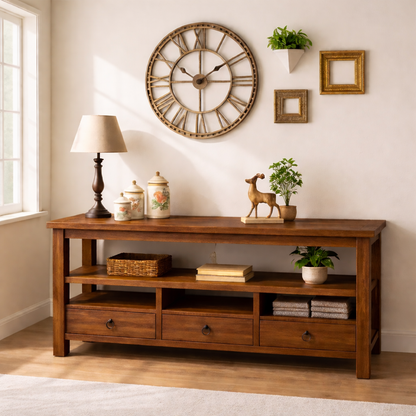Solid Wood Console Table with Drawers, Rustic Oak Media Console Table with Open Shelves Kitchnce