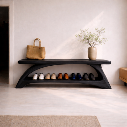Solid Wood Entryway Bench with Shoe Storage Shelf – Modern Curved Wooden Shoe Rack Bench Kitchnce