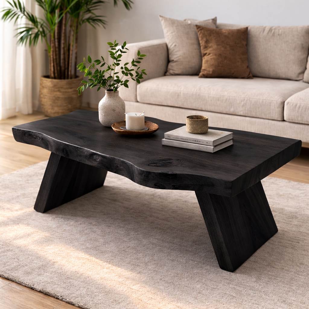 Live Edge Solid Wood Coffee Table with Thick Slab Top – Rustic Modern Living Room Table