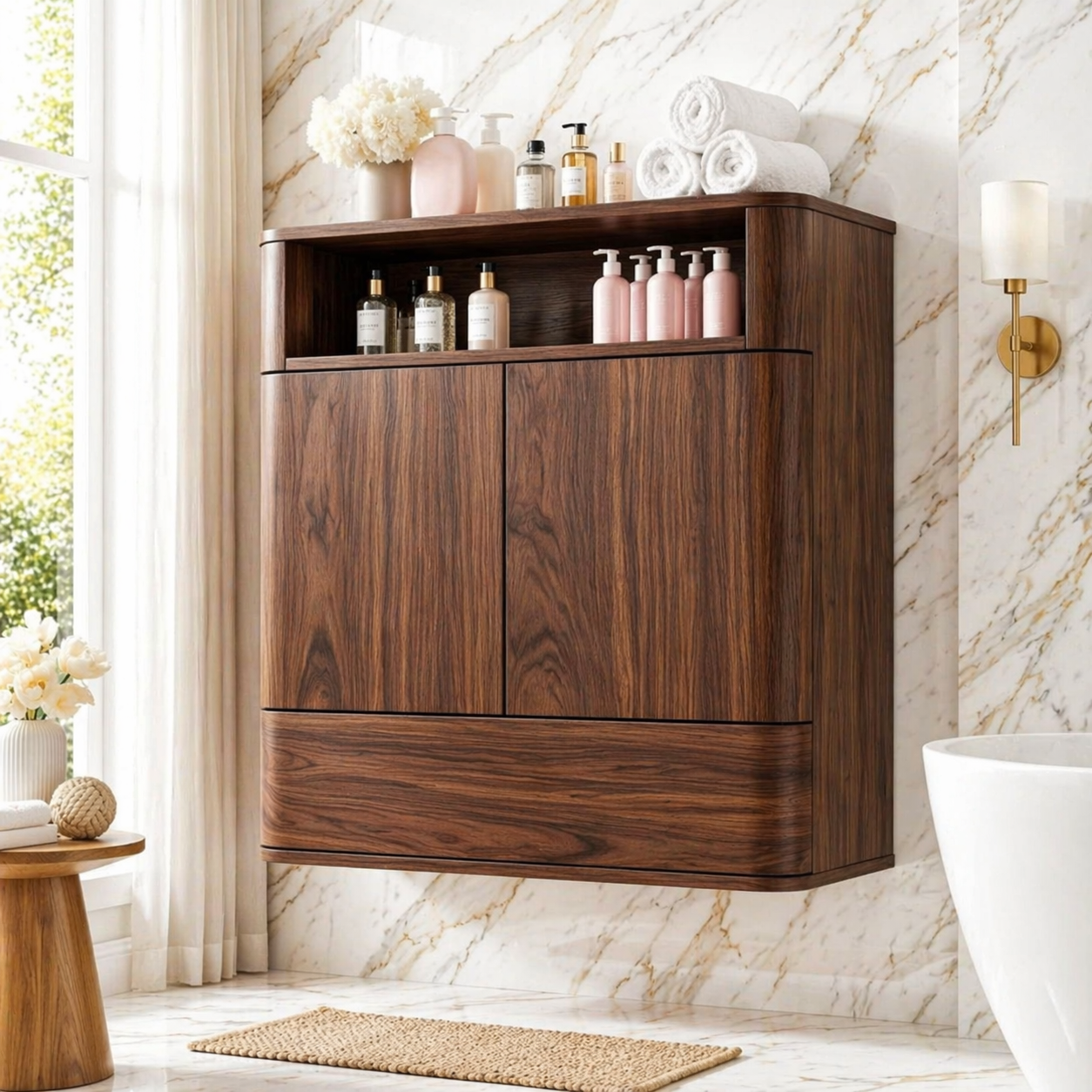 Floating Bathroom Cabinet, Modern Wall Mounted Vanity Storage Organizer Shelf Unit