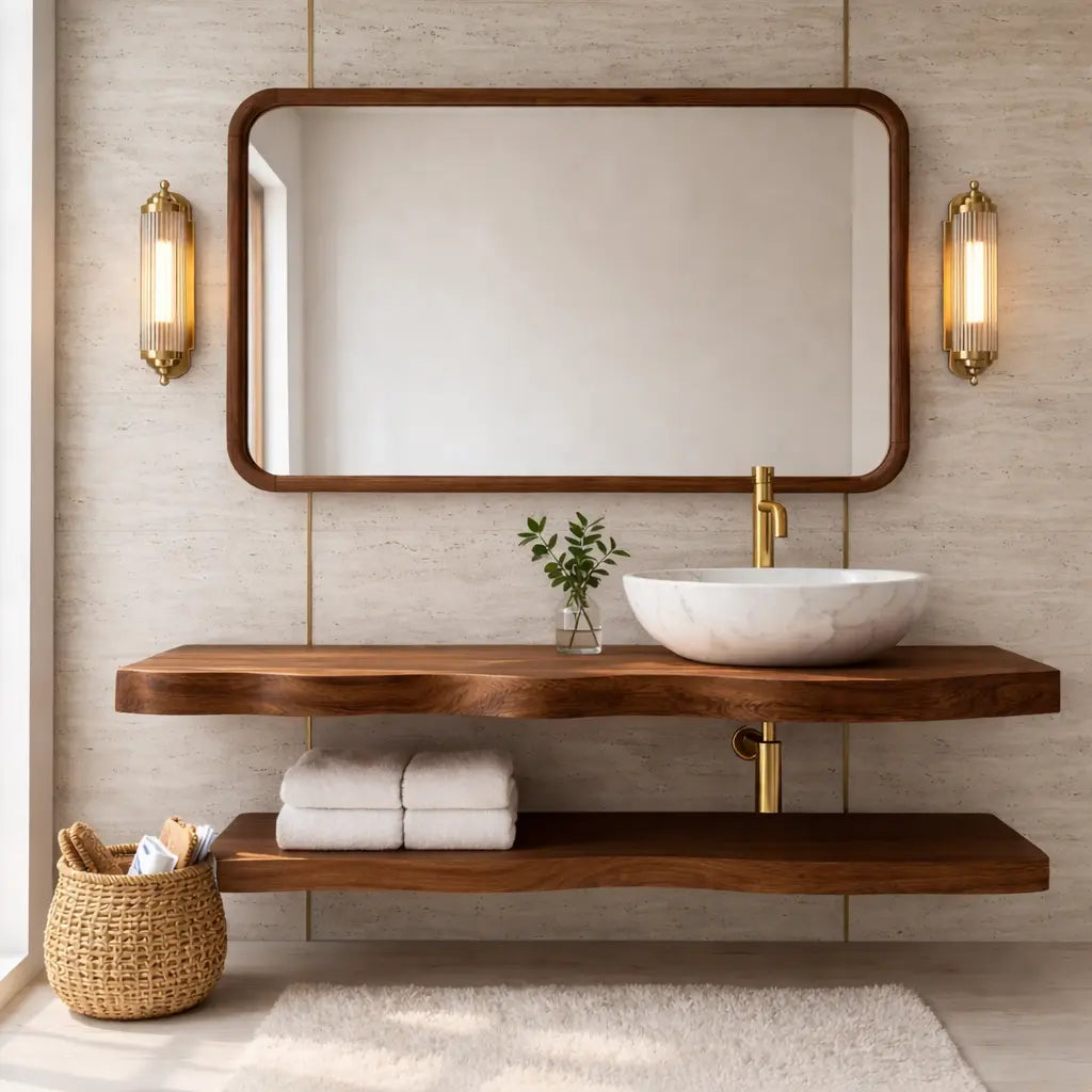 Natural Wood Floating Vanity with Curved Design, Shelf Storage, and Ceramic Sink Kitchnce