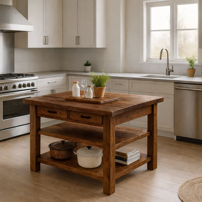 Live Edge Solid Wood Kitchen Island with Drawers - Rustic Farmhouse Butcher Block Prep Table