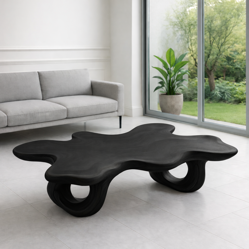 Modern Solid Wood Coffee Table with Unique Organic Shape for Contemporary Living Room Kitchnce