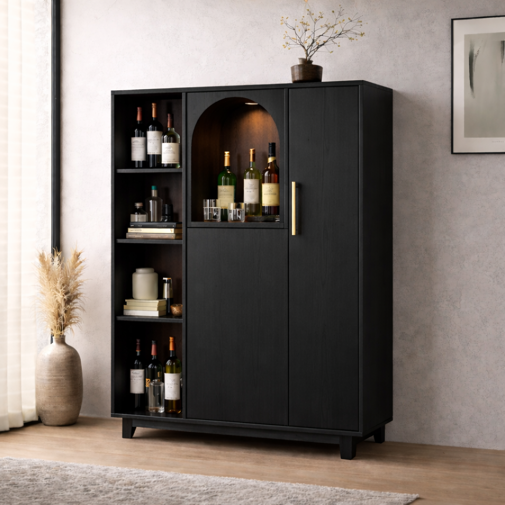 Solid Wood Bar Cabinet with Arched Display Niche and Open Wine Storage Shelf