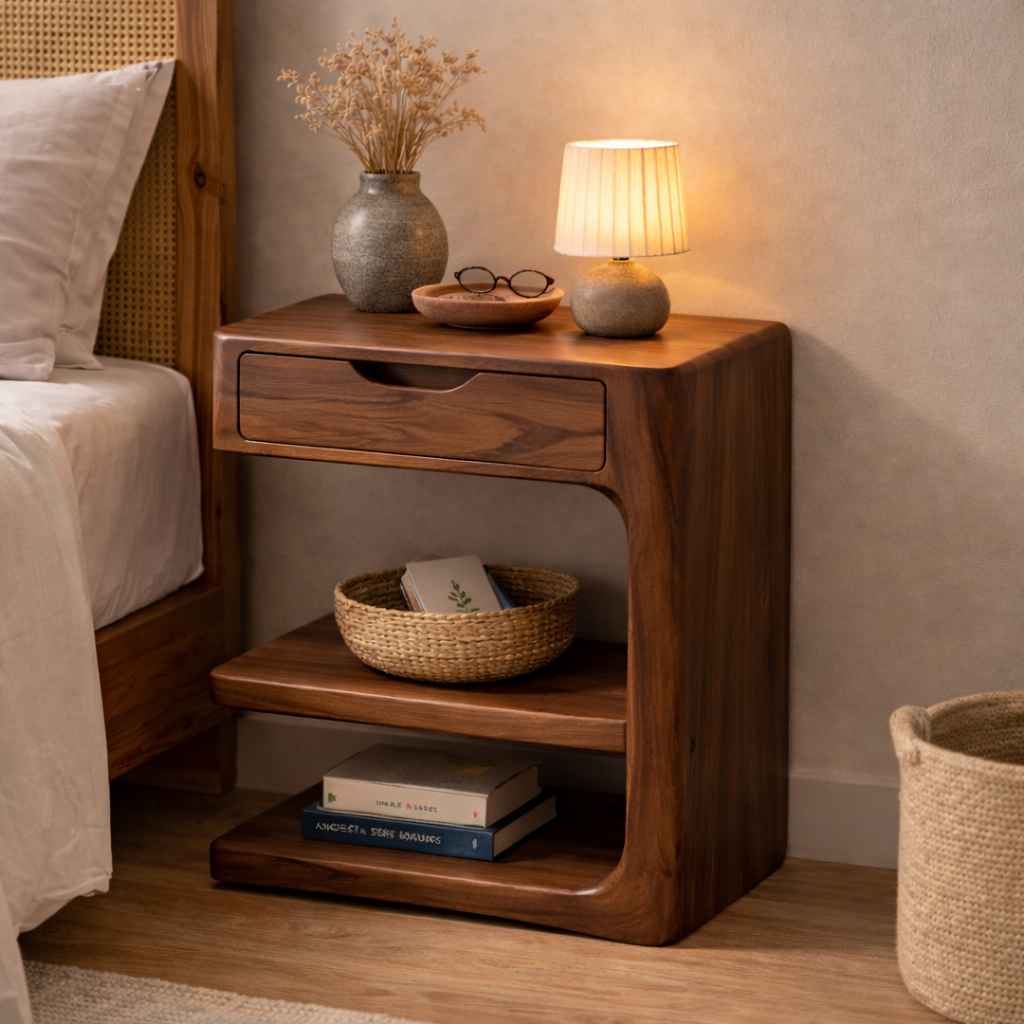 Solid Wood Nightstand with Drawer and Open Shelf – Modern Curved Bedside Table Kitchnce