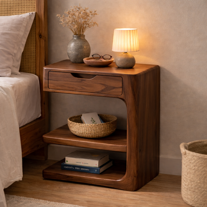 Solid Wood Nightstand with Drawer and Open Shelf – Modern Curved Bedside Table Kitchnce