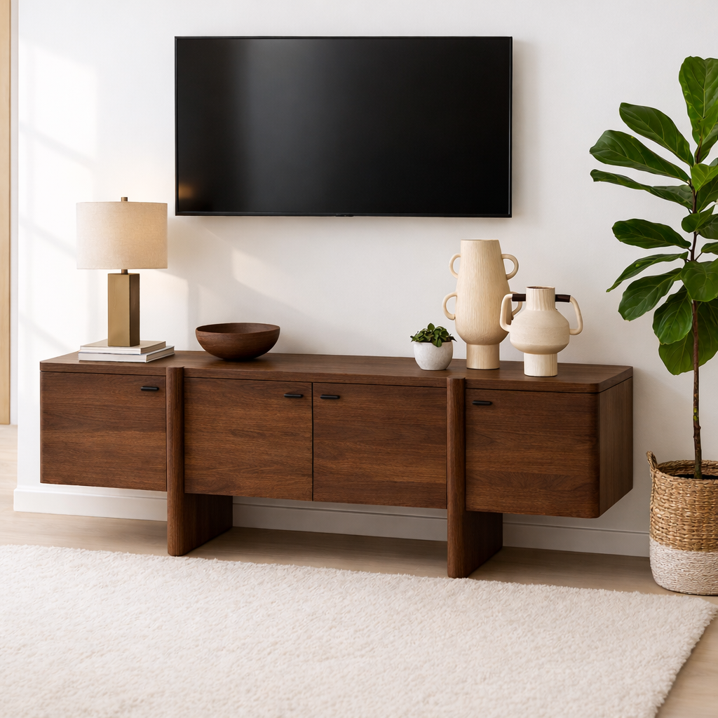 Handcrafted Solid Wood TV Stand with Drawer and Open Shelf Mid Century Modern Media Console Kitchnce
