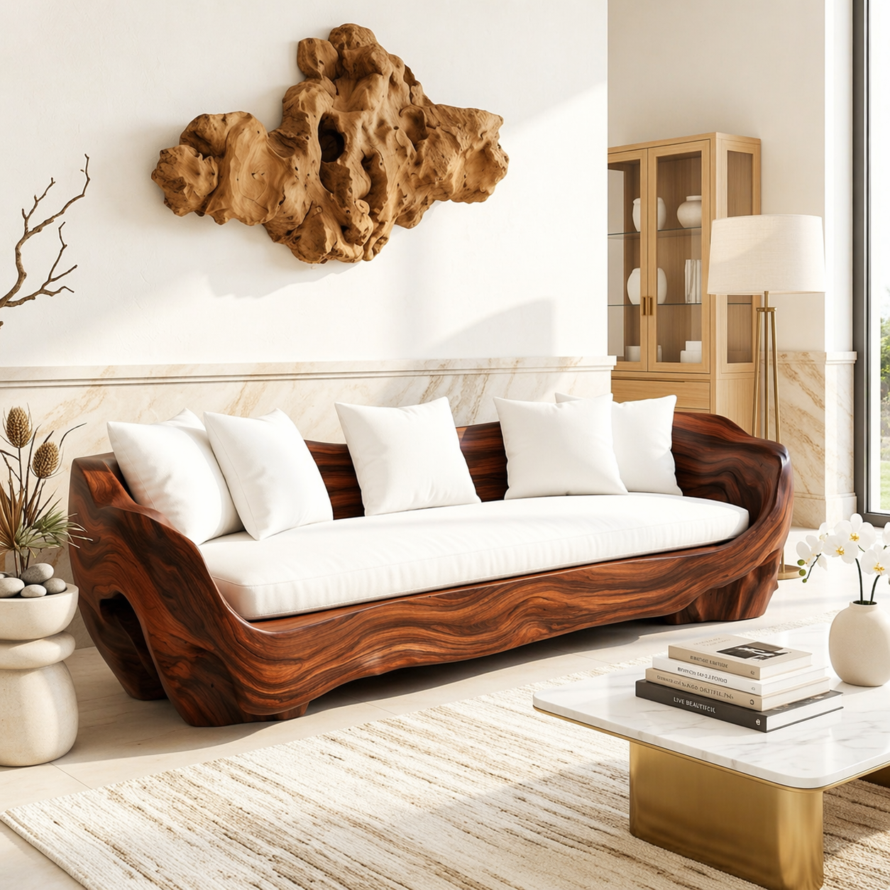 Organic Curved Wooden Sofa, Sculptural Statement Couch with Plush White Cushions