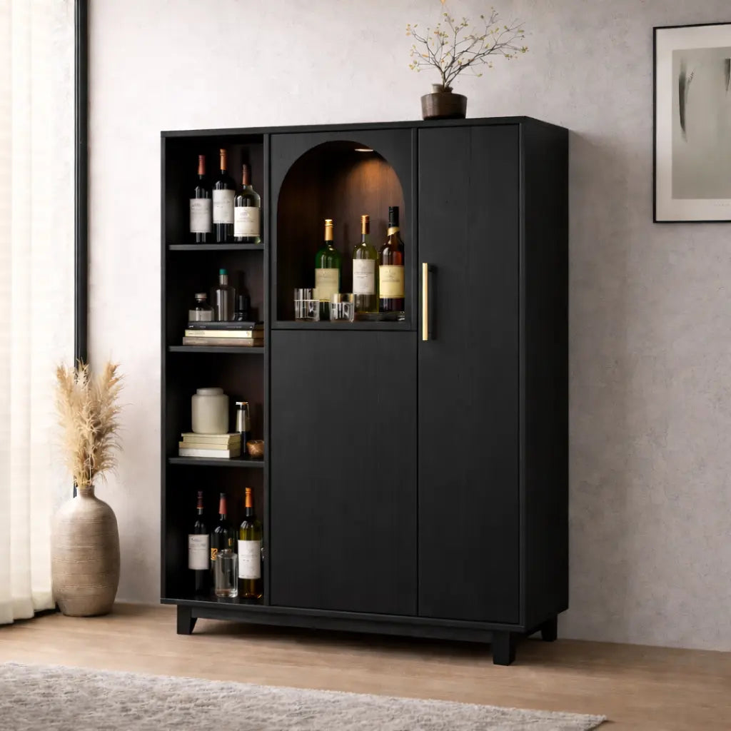 Solid Wood Bar Cabinet with Arched Display Niche and Open Wine Storage Shelf Kitchnce