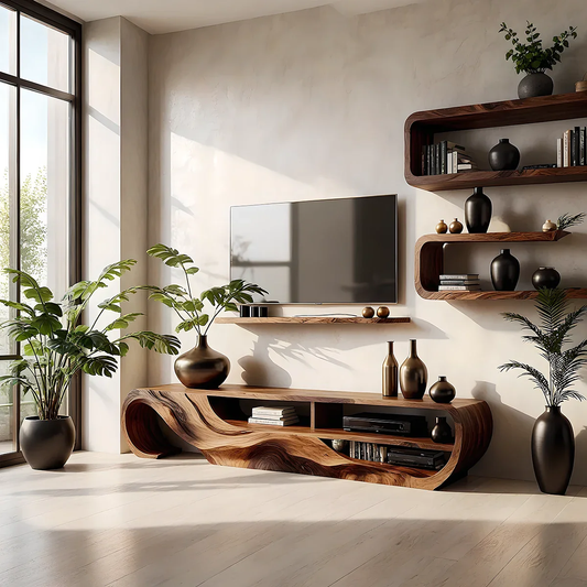 Solid Wood TV Stand Modern Sculptural Media Console for Living Room