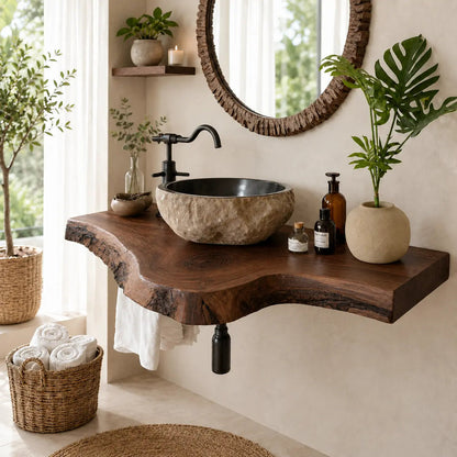 Live Edge Epoxy Vanity Shelf | Asymmetric Solid Wood Floating Bathroom Counter Kitchnce
